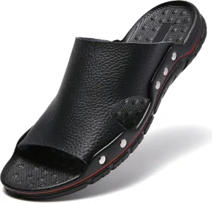 Men's Summer Leather Slide Sandals Open Toe Beach Slippers Shoes