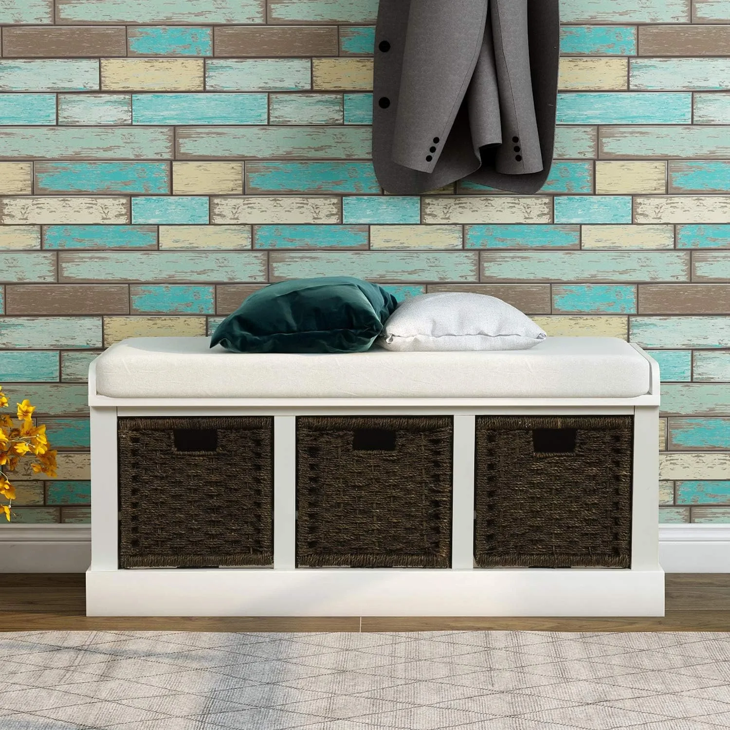 Merax Fully Assemble Storage Bench Entryway Storage Bench with 3 Removable Basket,Shoe Bench with Removable Cushion for Entryway, Hallway