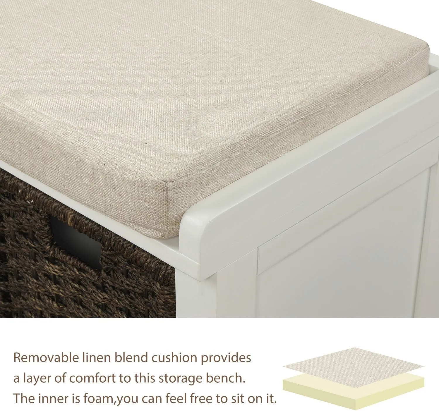 Merax Fully Assemble Storage Bench Entryway Storage Bench with 3 Removable Basket,Shoe Bench with Removable Cushion for Entryway, Hallway