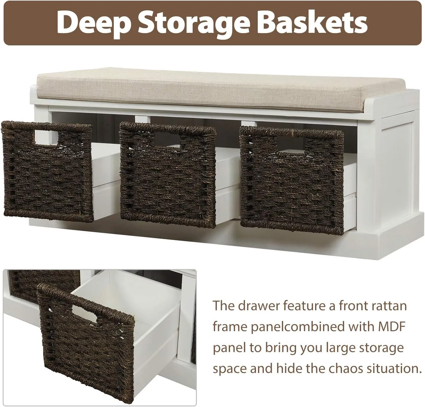Merax Fully Assemble Storage Bench Entryway Storage Bench with 3 Removable Basket,Shoe Bench with Removable Cushion for Entryway, Hallway