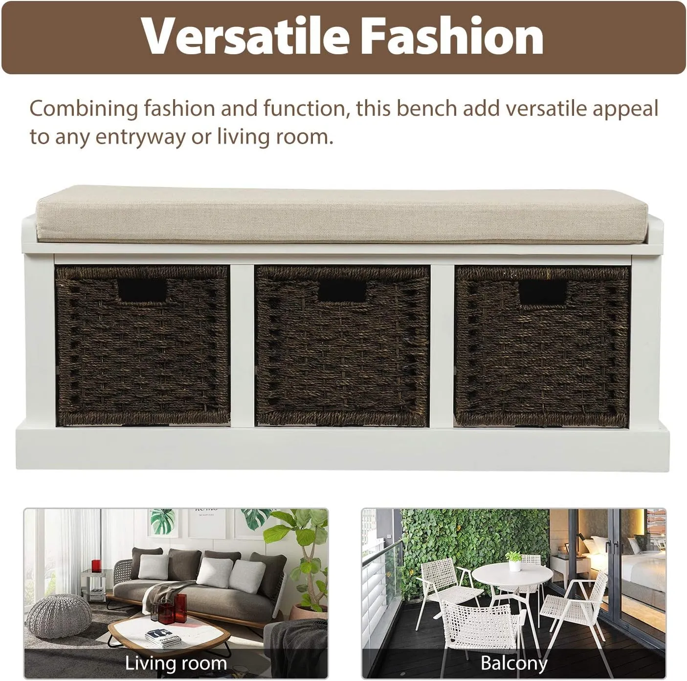 Merax Fully Assemble Storage Bench Entryway Storage Bench with 3 Removable Basket,Shoe Bench with Removable Cushion for Entryway, Hallway