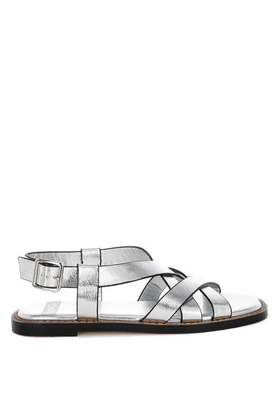 Metallic Genuine Leather Buckled Flats