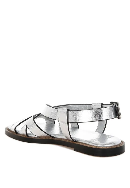 Metallic Genuine Leather Buckled Flats