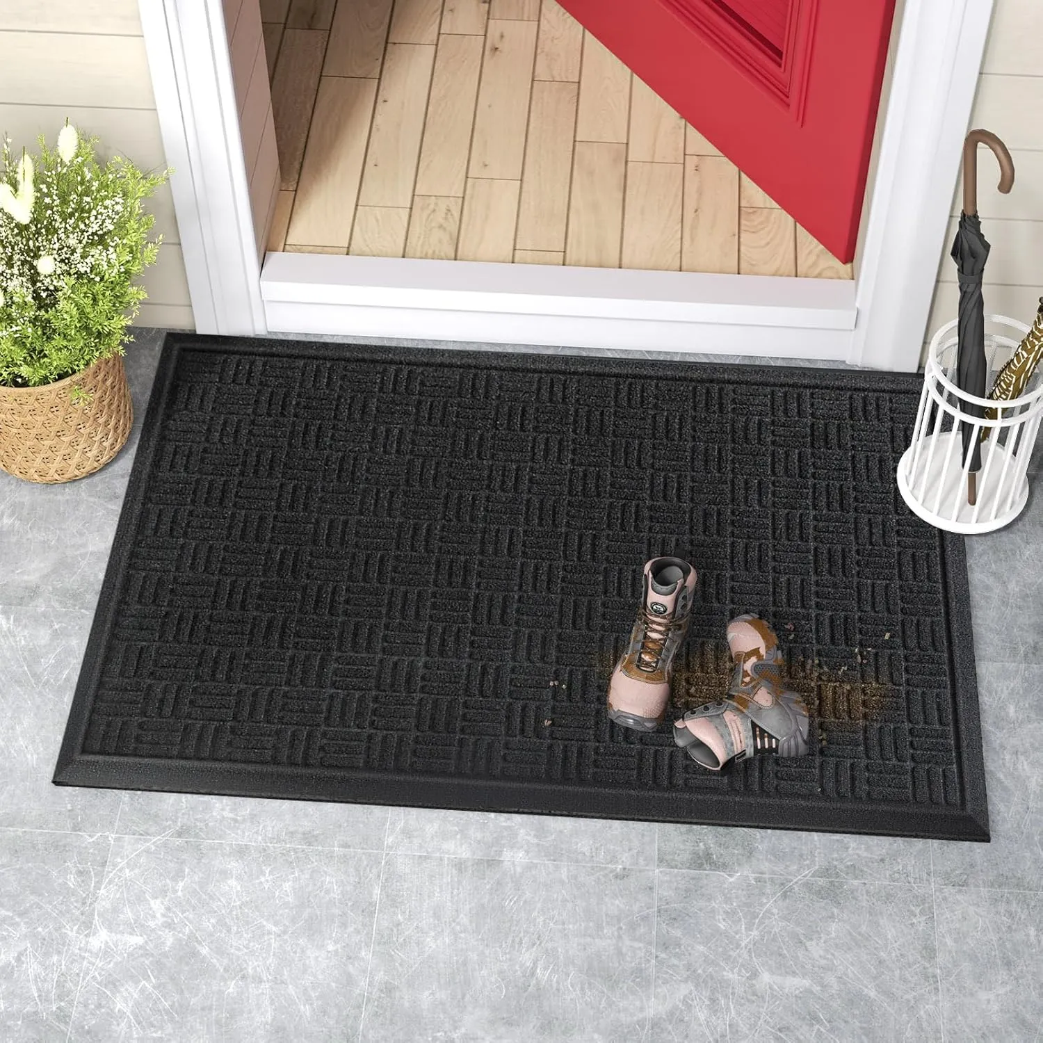 Mibao Front Door Mat Indoor Outdoor Entrance, Dirt Trapping Waterproof All-Season, All-Weather Doormat, Non-Slip Durable Natural Rubber Low Profile Easy Clean Patio Entrance Mat, 61.5" x 36", Black