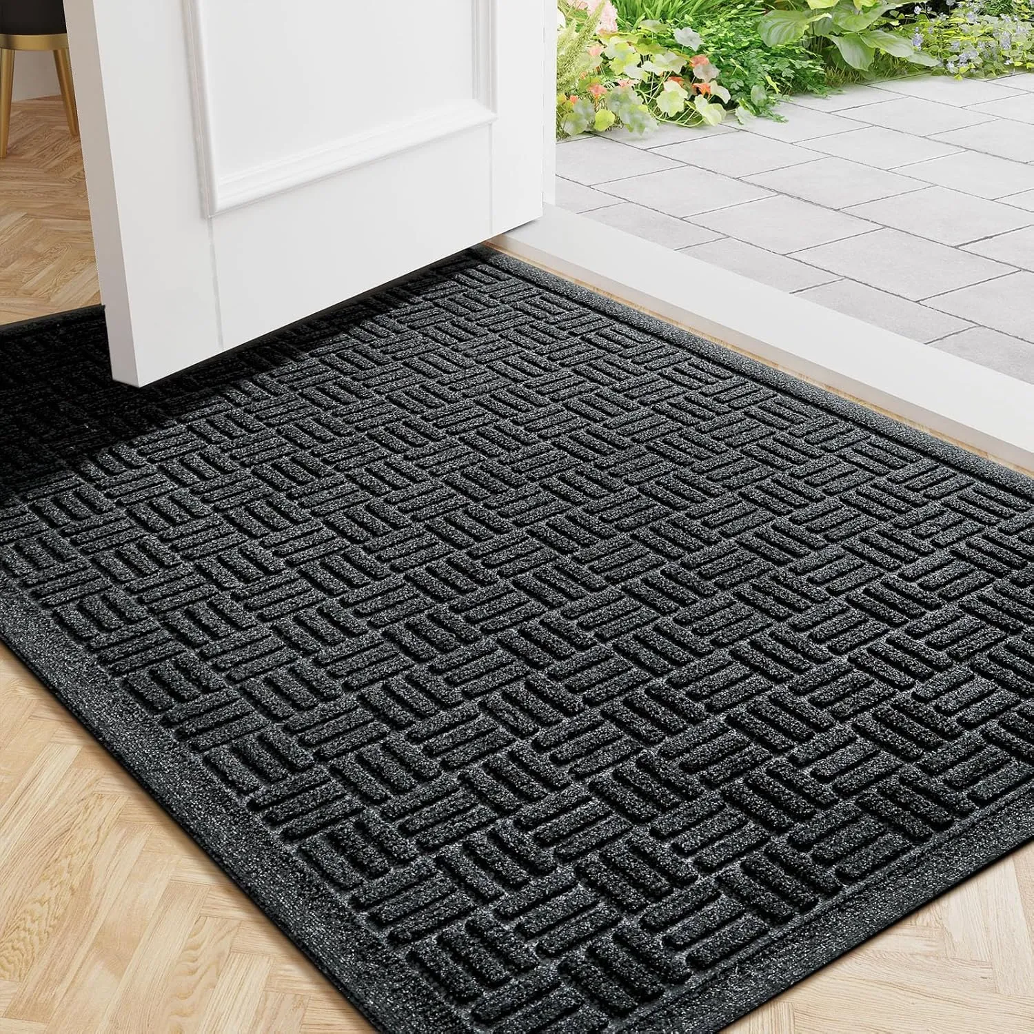 Mibao Front Door Mat Indoor Outdoor Entrance, Dirt Trapping Waterproof All-Season, All-Weather Doormat, Non-Slip Durable Natural Rubber Low Profile Easy Clean Patio Entrance Mat, 61.5" x 36", Black