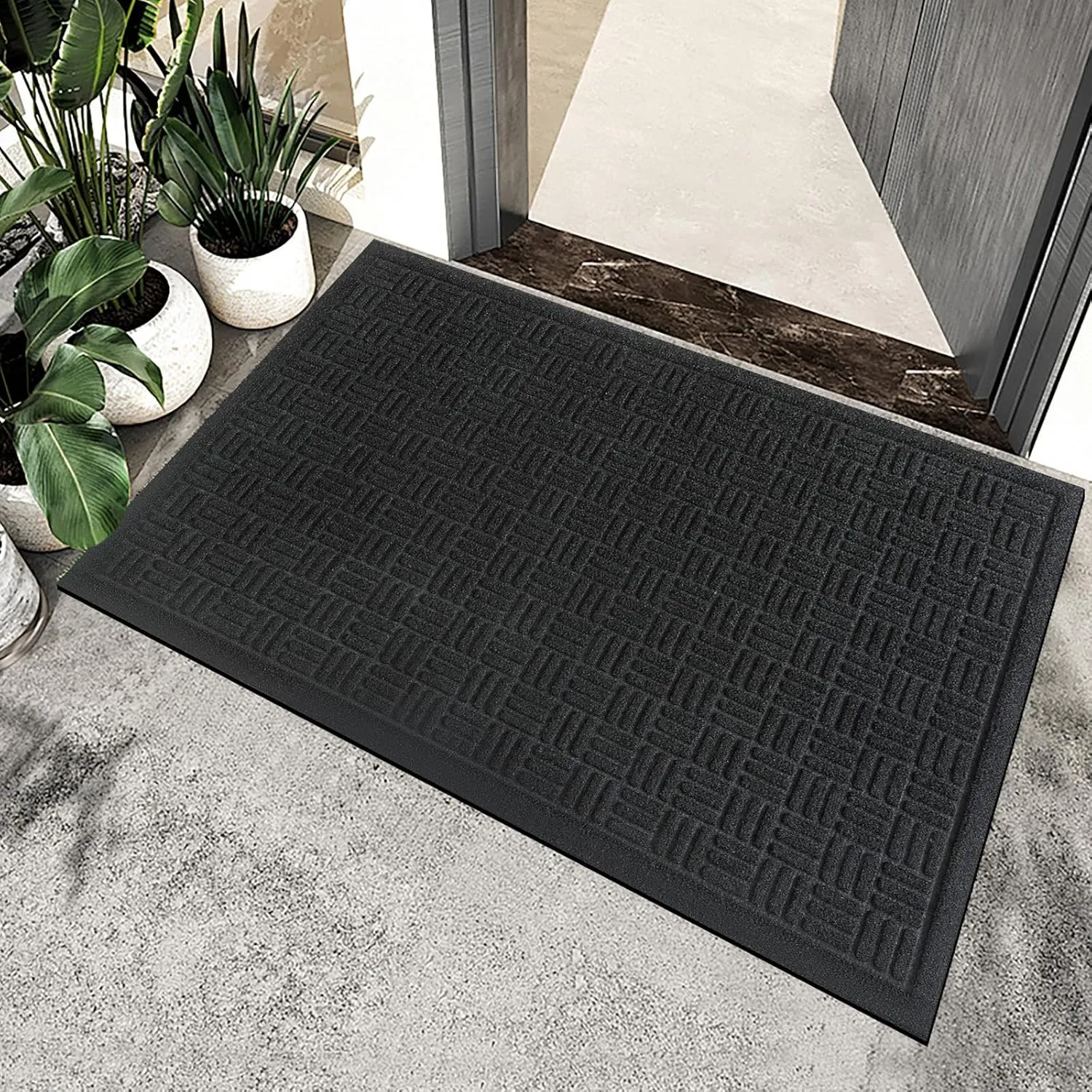 Mibao Front Door Mat Indoor Outdoor Entrance, Dirt Trapping Waterproof All-Season, All-Weather Doormat, Non-Slip Durable Natural Rubber Low Profile Easy Clean Patio Entrance Mat, 61.5" x 36", Black