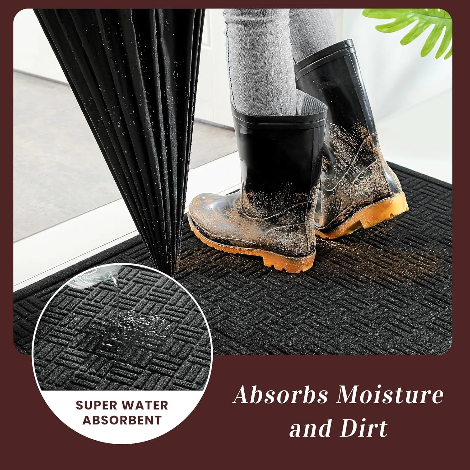 Mibao Front Door Mat Indoor Outdoor Entrance, Dirt Trapping Waterproof All-Season, All-Weather Doormat, Non-Slip Durable Natural Rubber Low Profile Easy Clean Patio Entrance Mat, 61.5" x 36", Black