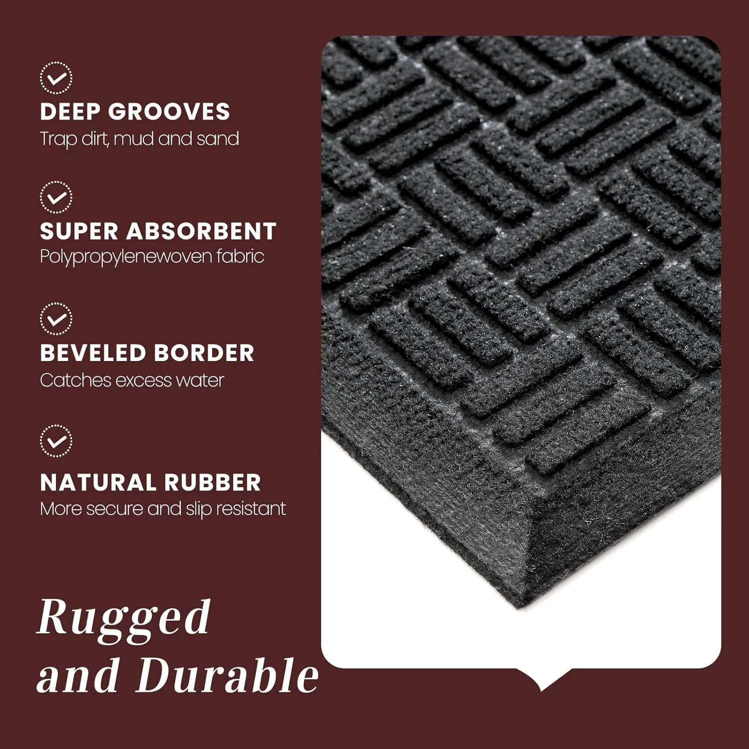 Mibao Front Door Mat Indoor Outdoor Entrance, Dirt Trapping Waterproof All-Season, All-Weather Doormat, Non-Slip Durable Natural Rubber Low Profile Easy Clean Patio Entrance Mat, 61.5" x 36", Black
