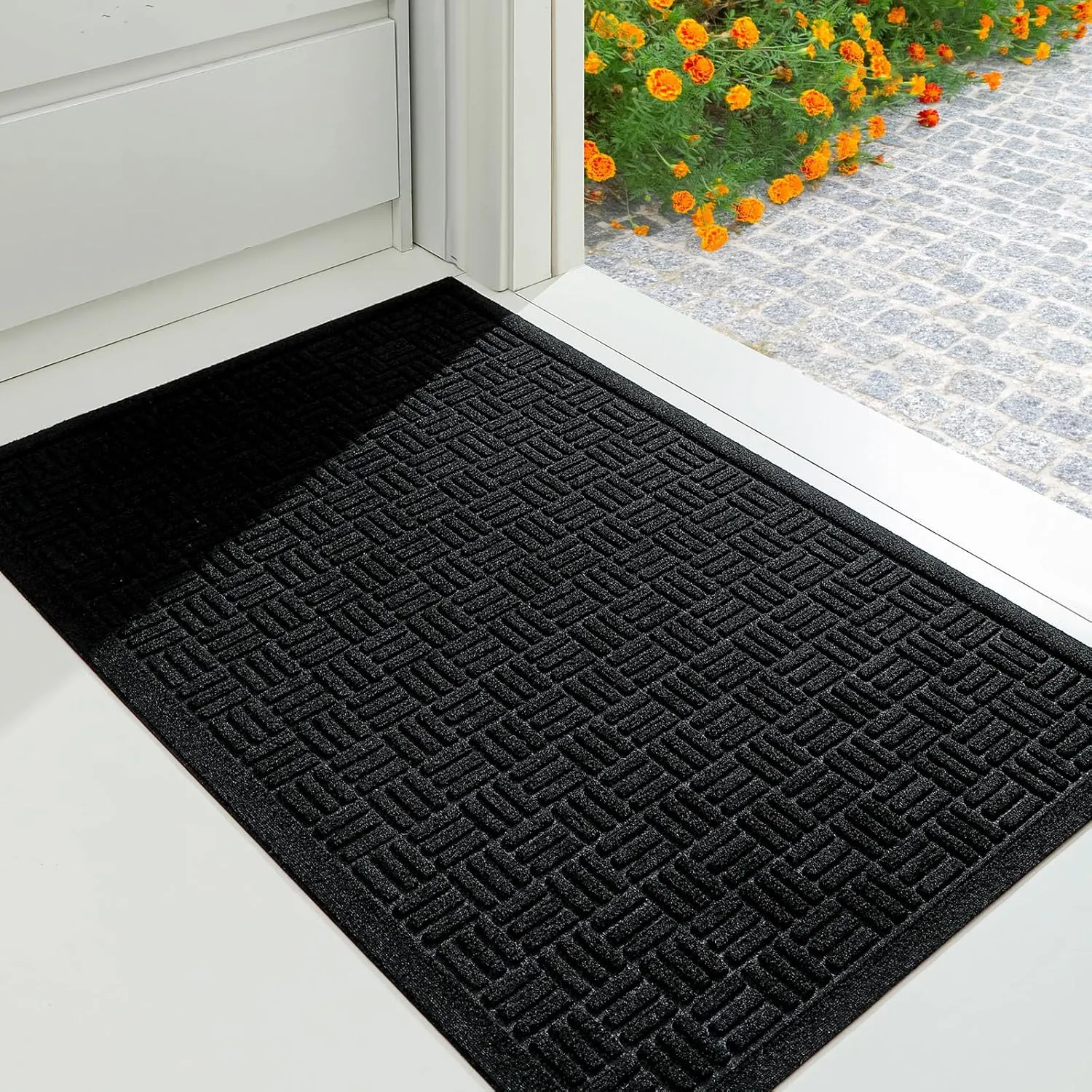 Mibao Front Door Mat Indoor Outdoor Entrance, Dirt Trapping Waterproof All-Season, All-Weather Doormat, Non-Slip Durable Natural Rubber Low Profile Easy Clean Patio Entrance Mat, 61.5" x 36", Black