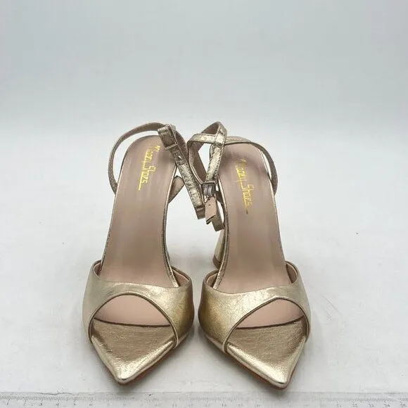 Milooey Gold Peep Toe Sexy Flared Chunky High Heels Buckled Slingback Sandal