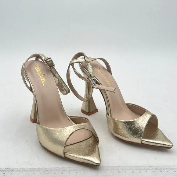 Milooey Gold Peep Toe Sexy Flared Chunky High Heels Buckled Slingback Sandal