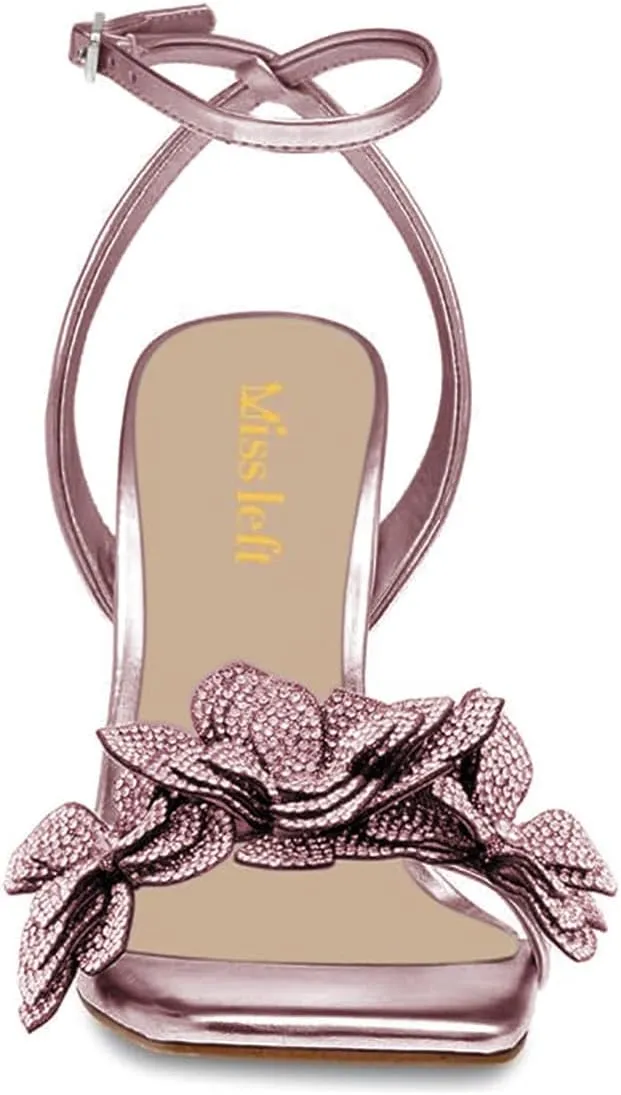 miss left Women Rhinestones Stiletto Heel Sandals with Strap Buckles Flower Embellished Open Square Toe High Heels Pumps Chic Wedding Event Dress Shoes Size 4-16 US