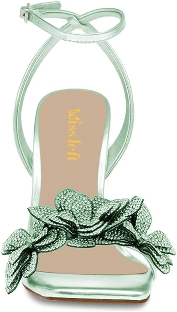 miss left Women Rhinestones Stiletto Heel Sandals with Strap Buckles Flower Embellished Open Square Toe High Heels Pumps Chic Wedding Event Dress Shoes Size 4-16 US