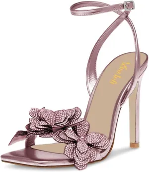 miss left Women Rhinestones Stiletto Heel Sandals with Strap Buckles Flower Embellished Open Square Toe High Heels Pumps Chic Wedding Event Dress Shoes Size 4-16 US