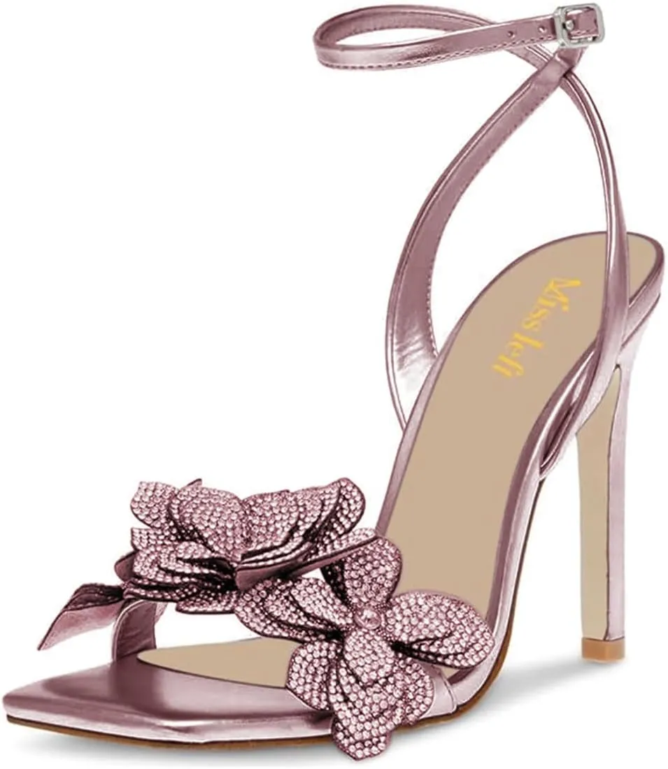 miss left Women Rhinestones Stiletto Heel Sandals with Strap Buckles Flower Embellished Open Square Toe High Heels Pumps Chic Wedding Event Dress Shoes Size 4-16 US