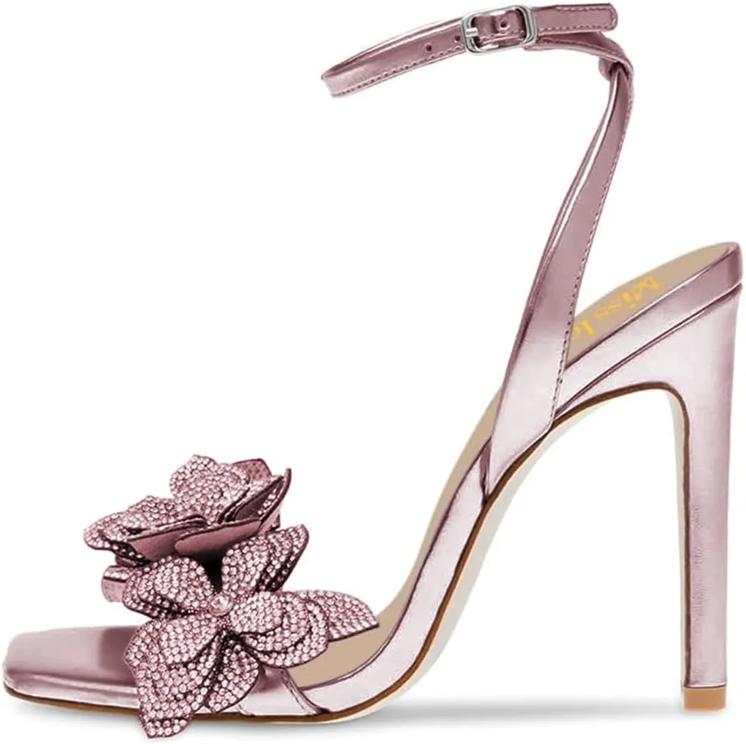 miss left Women Rhinestones Stiletto Heel Sandals with Strap Buckles Flower Embellished Open Square Toe High Heels Pumps Chic Wedding Event Dress Shoes Size 4-16 US