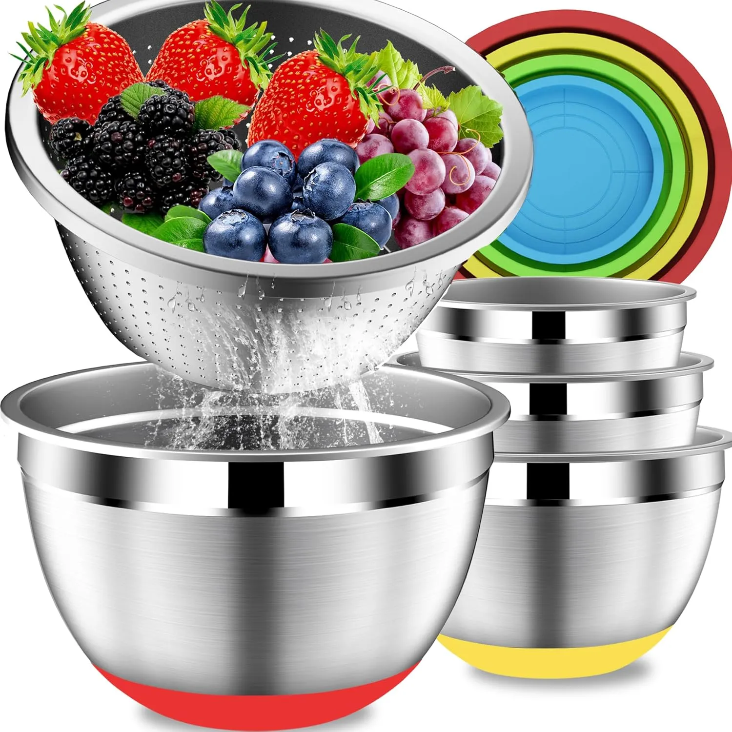 Mixing Bowls with Strainer, Mixing Bowl with Lids Set, Stainless Steel Mixing Bowls, Kitchen Gadgets 2025 Salad Bowls with Strainer for Mixing & Preping & Baking, Multicolor