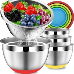 Mixing Bowls with Strainer, Mixing Bowl with Lids Set, Stainless Steel Mixing Bowls, Kitchen Gadgets 2025 Salad Bowls with Strainer for Mixing & Preping & Baking, Multicolor