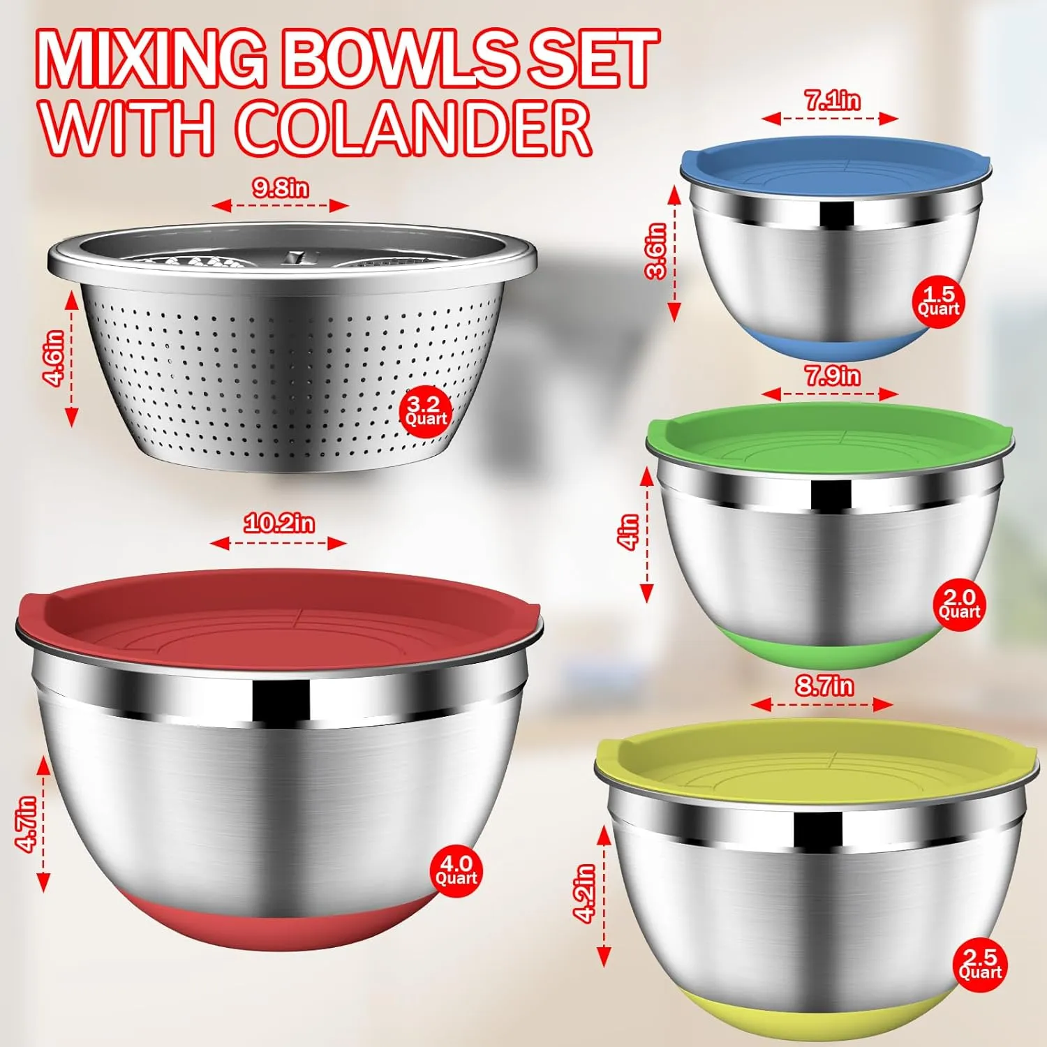 Mixing Bowls with Strainer, Mixing Bowl with Lids Set, Stainless Steel Mixing Bowls, Kitchen Gadgets 2025 Salad Bowls with Strainer for Mixing & Preping & Baking, Multicolor