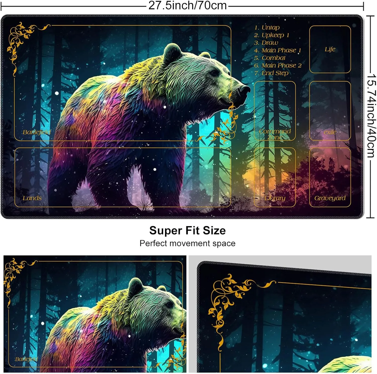 MTG Playmat with Zones 27.5" x 15.74" for TCG MTG Play Mat Non-Slip Rubber Base Commander Playmats for Magic The Gathering Playmat Iorcana Trading Card Game, Forest Bear