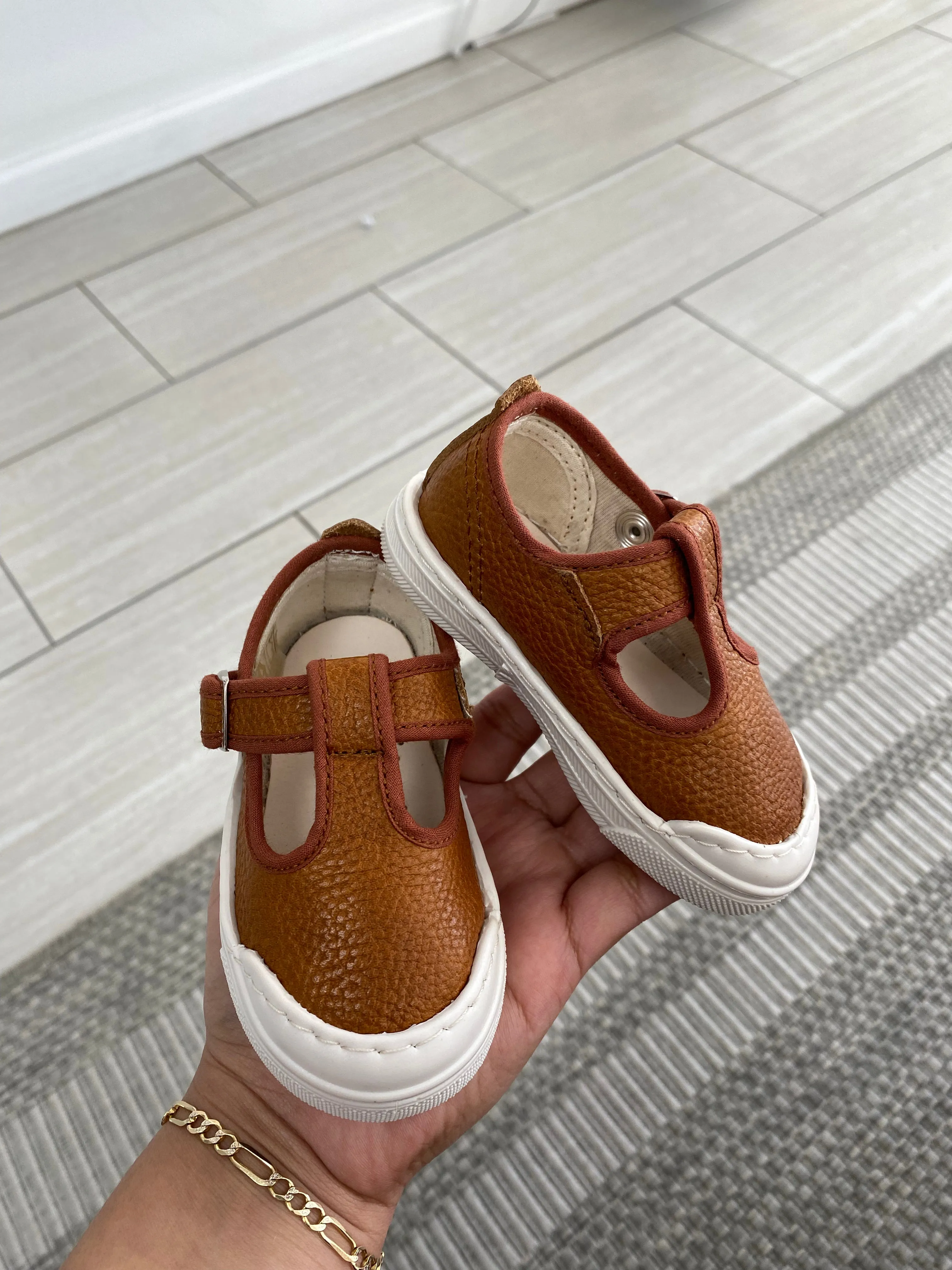 Pepe Cognac Leather T Strap Baby Shoe
