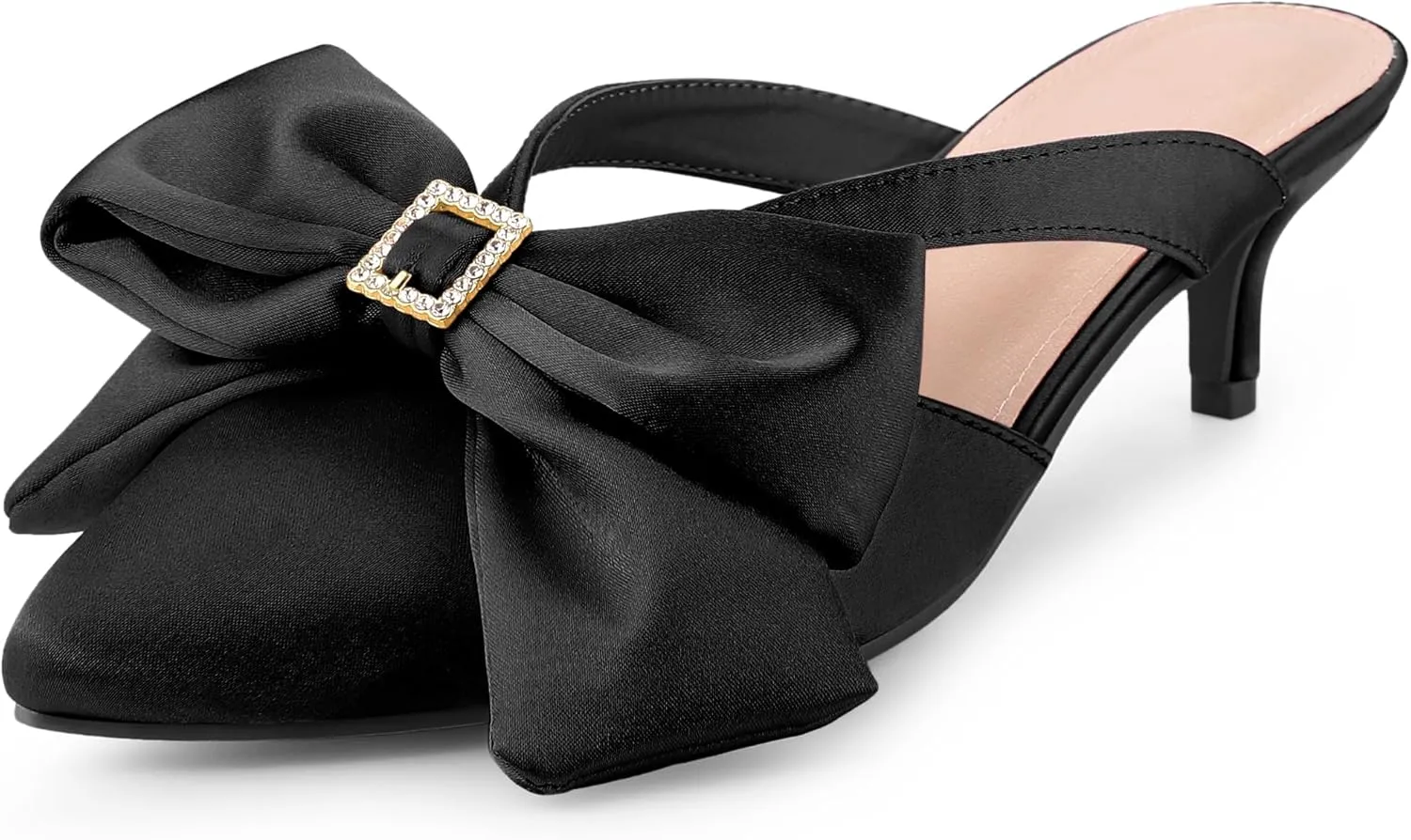 Perphy Bow Heels Closed Pionted Toe Kitten Heel Satin Slide Mules for Women