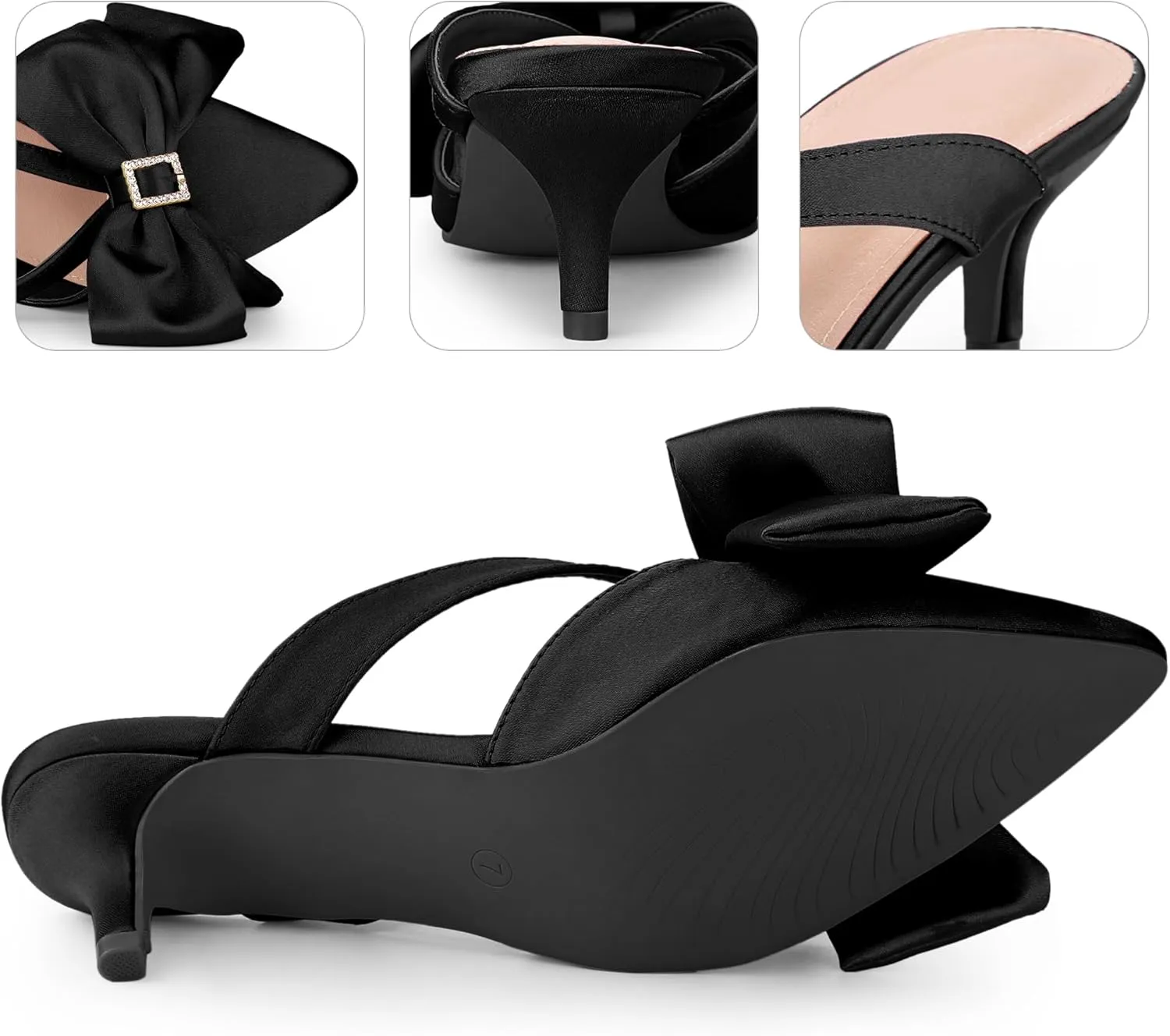 Perphy Bow Heels Closed Pionted Toe Kitten Heel Satin Slide Mules for Women