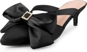 Perphy Bow Heels Closed Pionted Toe Kitten Heel Satin Slide Mules for Women