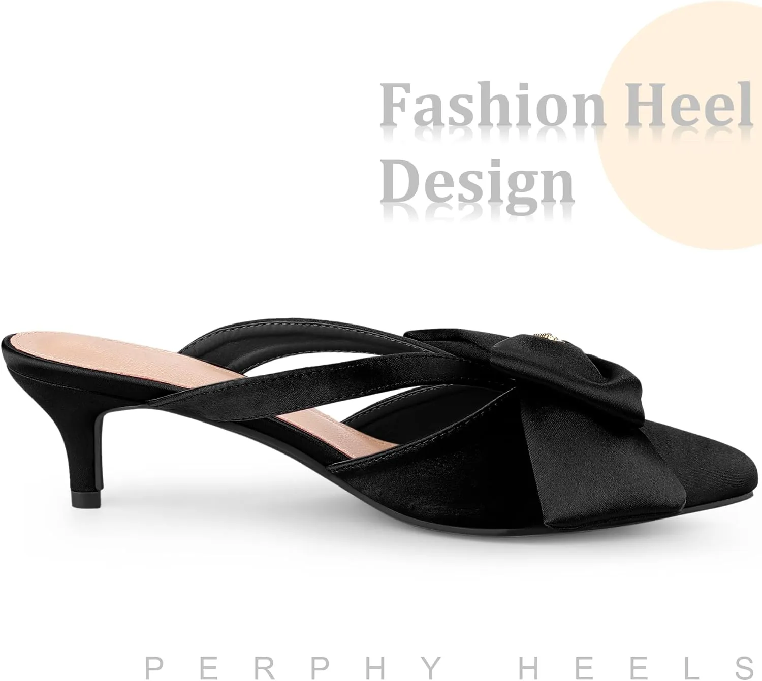 Perphy Bow Heels Closed Pionted Toe Kitten Heel Satin Slide Mules for Women