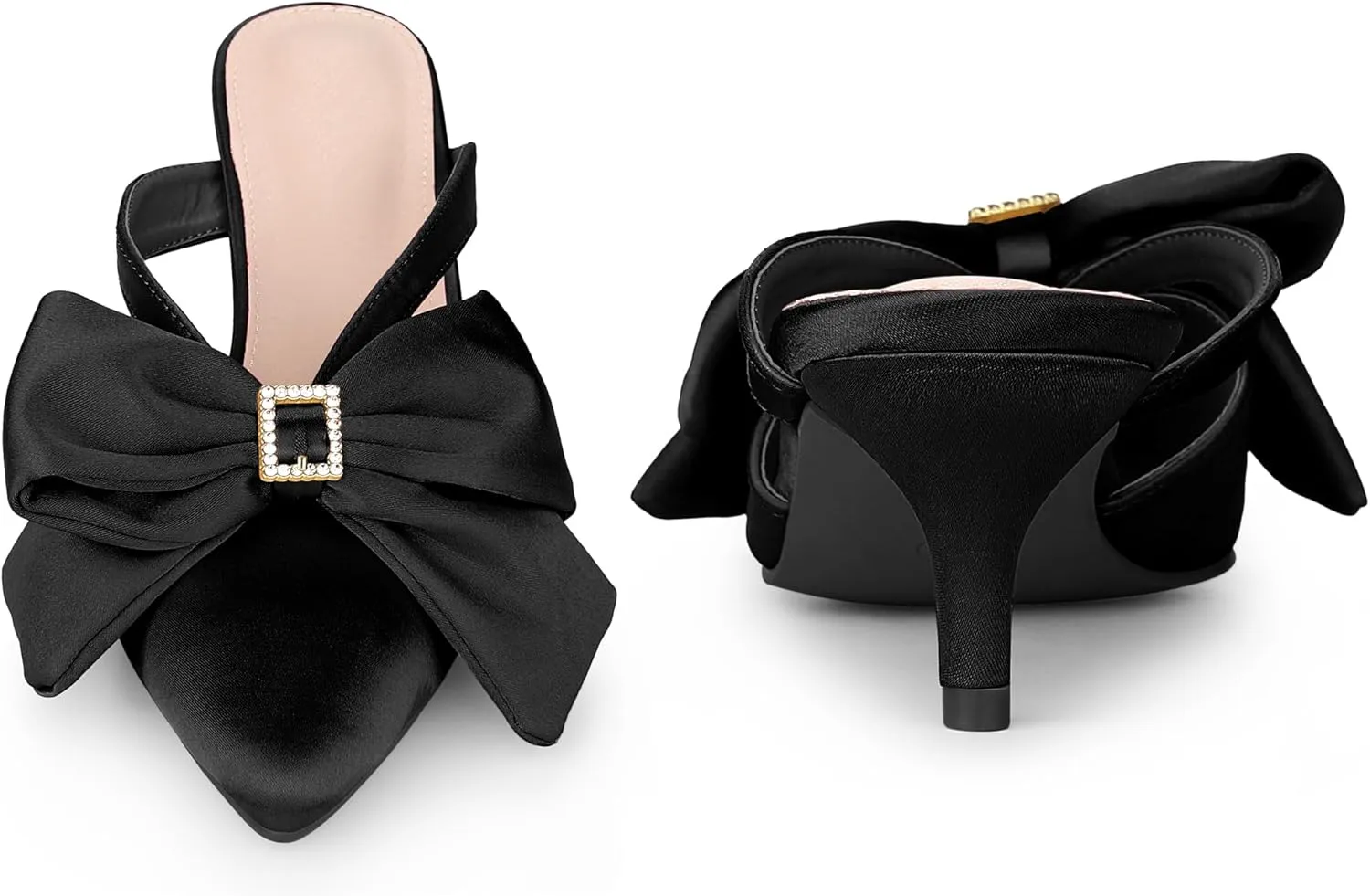 Perphy Bow Heels Closed Pionted Toe Kitten Heel Satin Slide Mules for Women