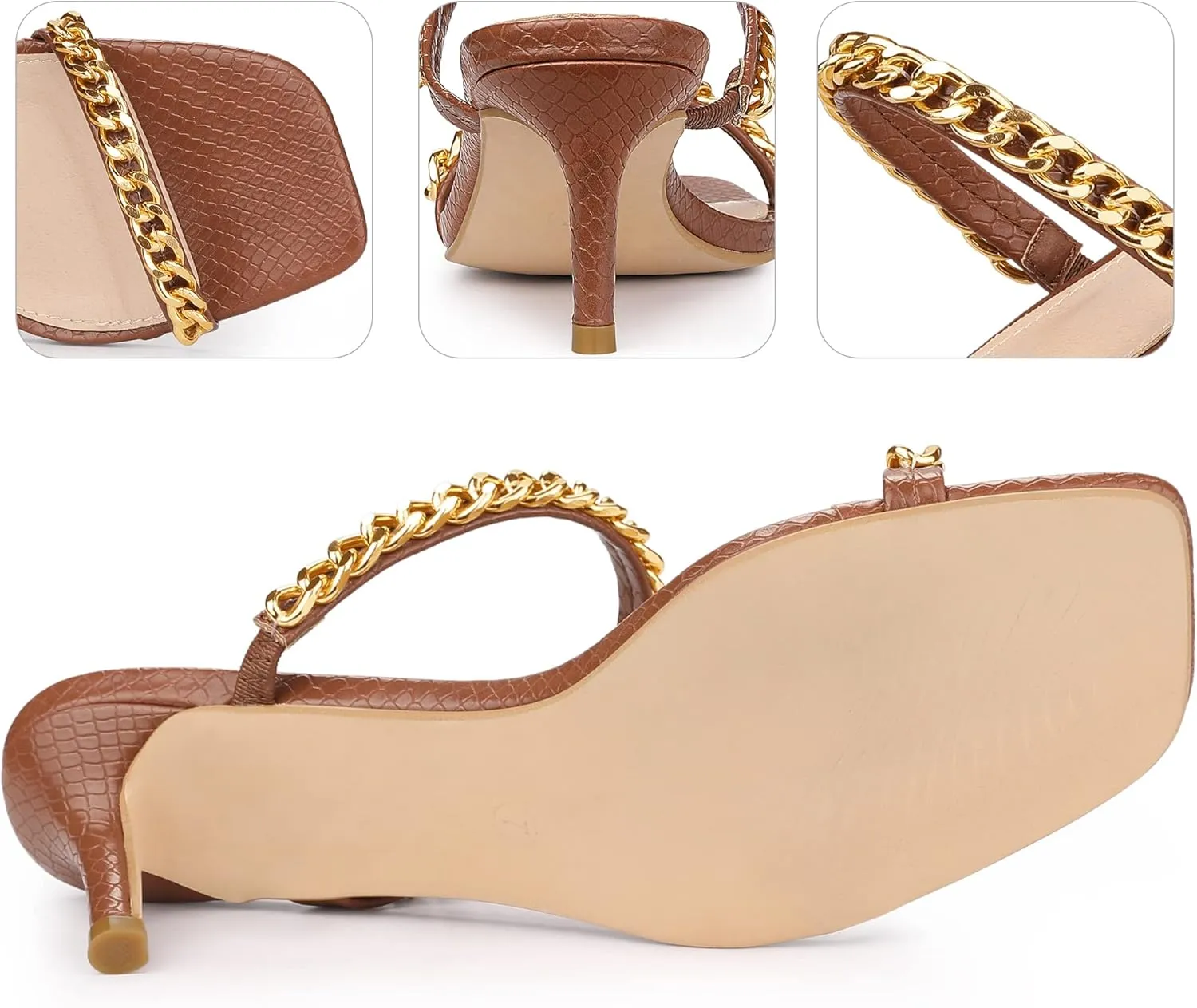 Perphy Snakeskin Print Square Toe Gold Chain Stiletto Heels Strappy Sandals for Women