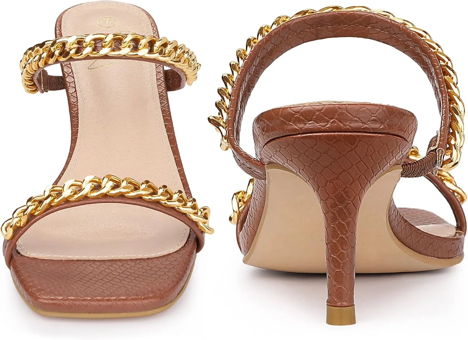 Perphy Snakeskin Print Square Toe Gold Chain Stiletto Heels Strappy Sandals for Women