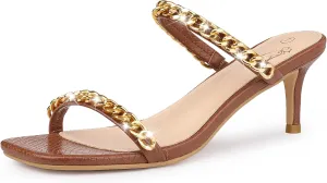 Perphy Snakeskin Print Square Toe Gold Chain Stiletto Heels Strappy Sandals for Women