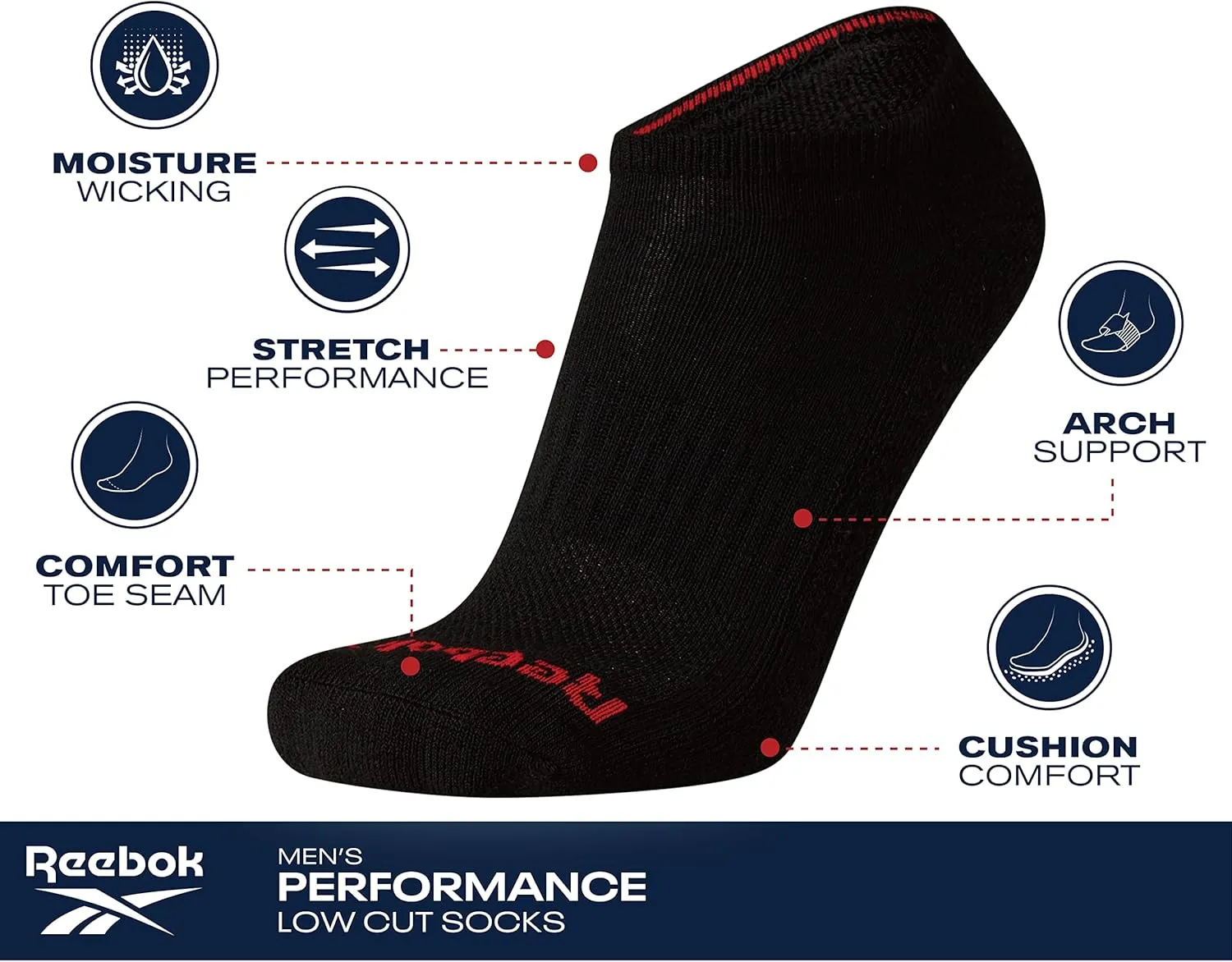 Reebok Men’s Low Cut Socks – 6 Pack Basic Cushion Low Cut No Show Socks for Men - Men's Athletic Socks (Size: 6-12.5)