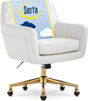 Serta Ashleigh Modern Office Chair, Diamond-Tufted Design, Pocket Coil Seat Cushion, Stylish Mid-Century Accent Armchair, Women's Vanity or MakeupChair, Polished Gold Swivel Base, White Bonded Leather