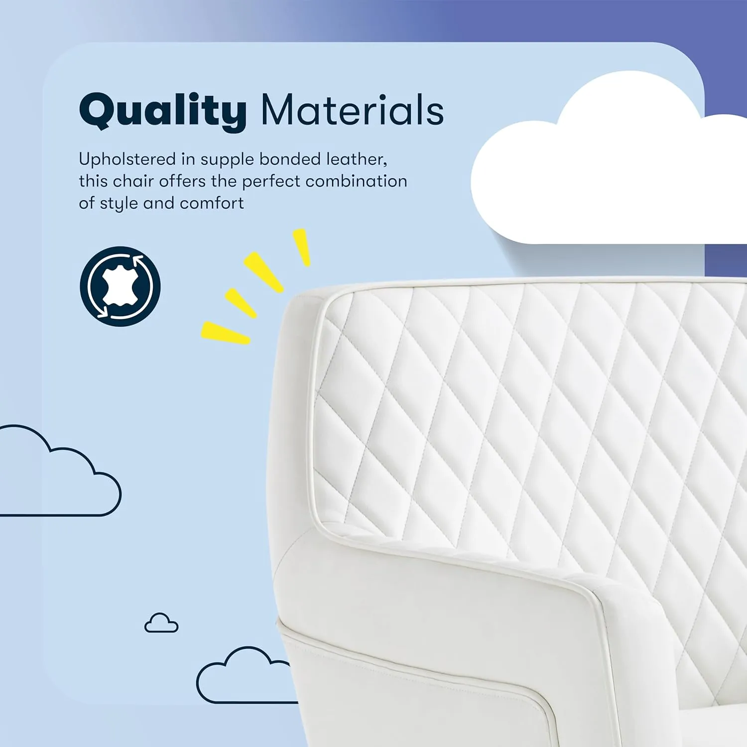 Serta Ashleigh Modern Office Chair, Diamond-Tufted Design, Pocket Coil Seat Cushion, Stylish Mid-Century Accent Armchair, Women's Vanity or MakeupChair, Polished Gold Swivel Base, White Bonded Leather