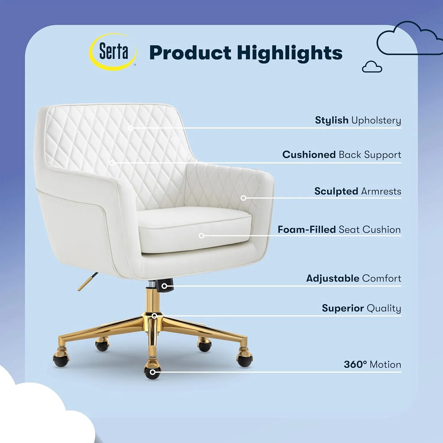 Serta Ashleigh Modern Office Chair, Diamond-Tufted Design, Pocket Coil Seat Cushion, Stylish Mid-Century Accent Armchair, Women's Vanity or MakeupChair, Polished Gold Swivel Base, White Bonded Leather