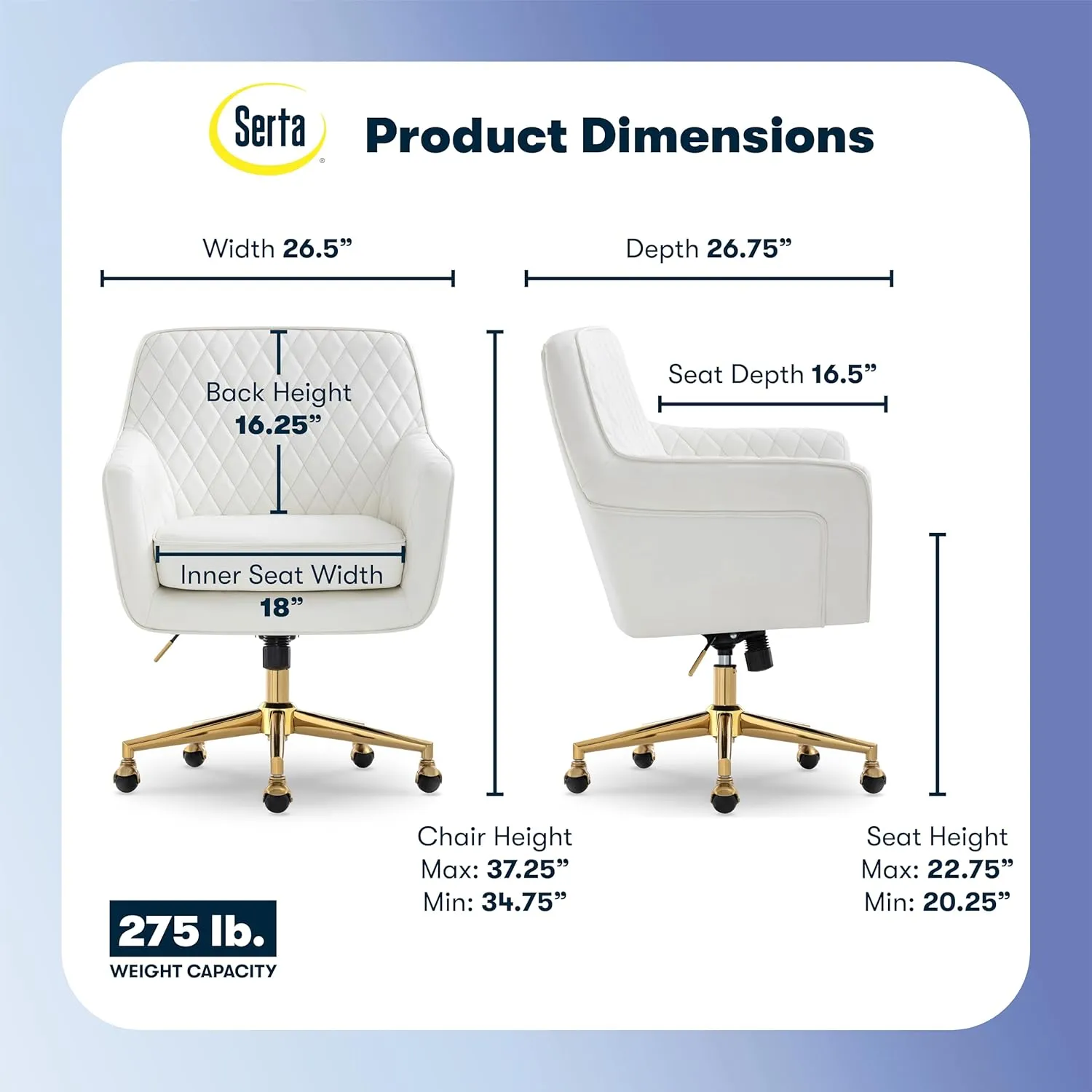 Serta Ashleigh Modern Office Chair, Diamond-Tufted Design, Pocket Coil Seat Cushion, Stylish Mid-Century Accent Armchair, Women's Vanity or MakeupChair, Polished Gold Swivel Base, White Bonded Leather