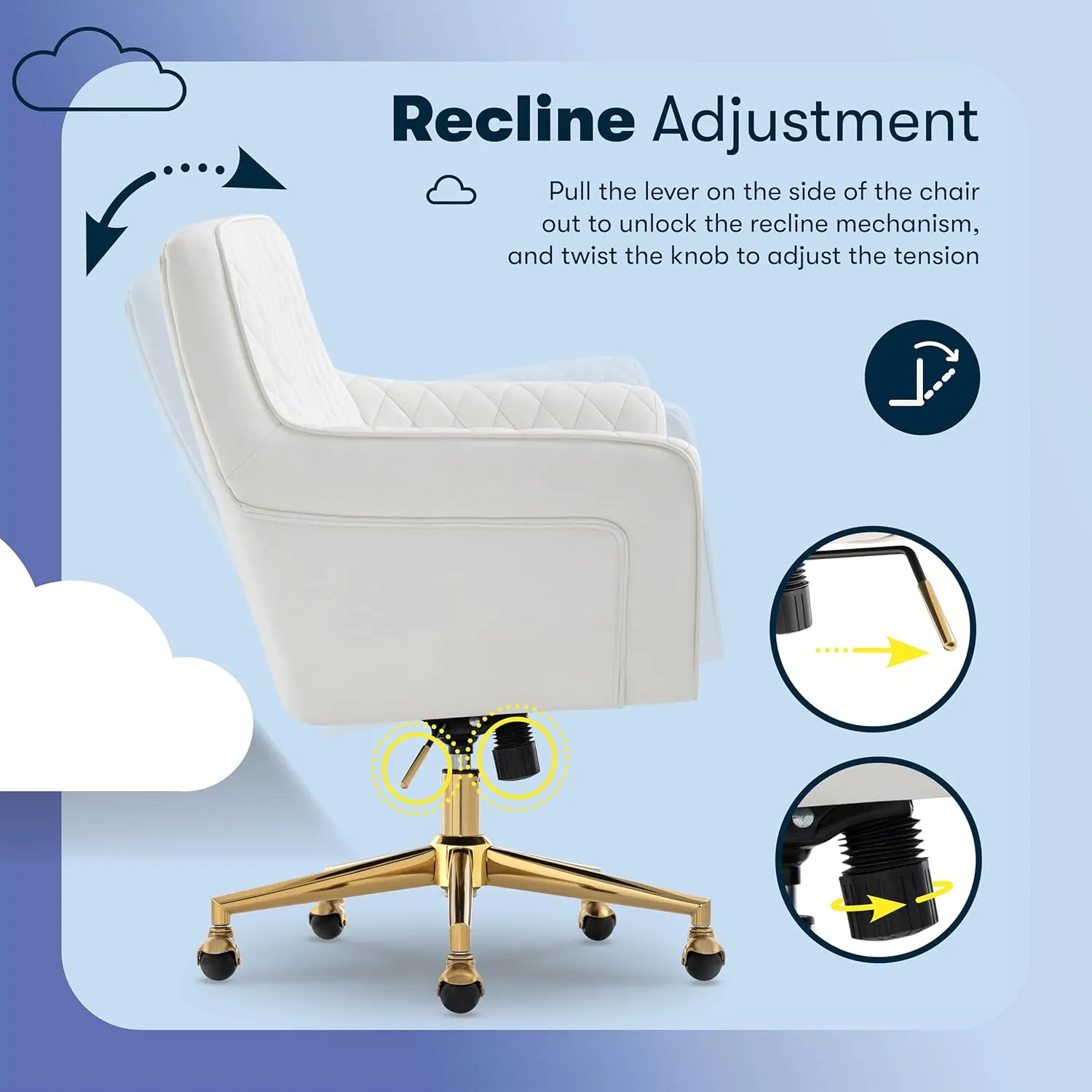 Serta Ashleigh Modern Office Chair, Diamond-Tufted Design, Pocket Coil Seat Cushion, Stylish Mid-Century Accent Armchair, Women's Vanity or MakeupChair, Polished Gold Swivel Base, White Bonded Leather