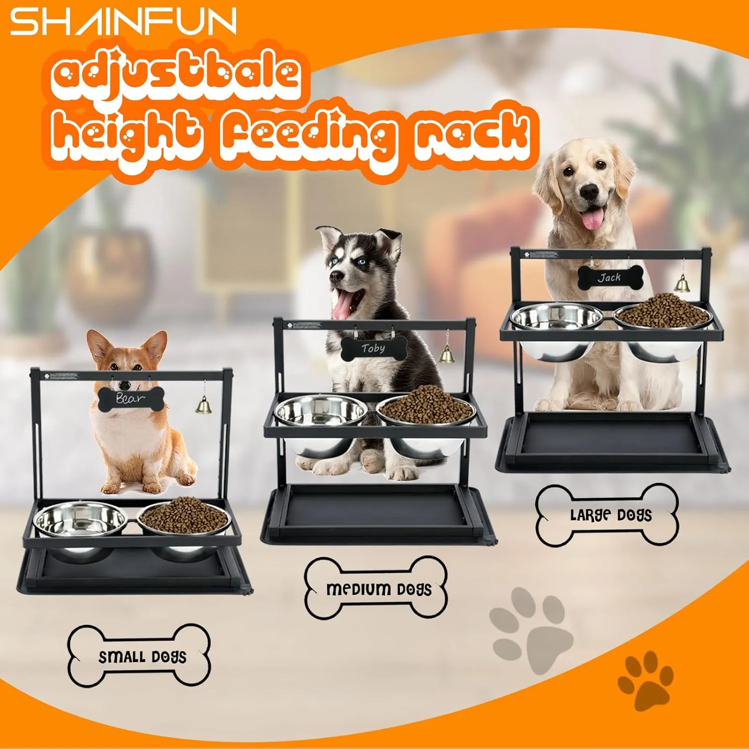SHAINFUN Elevated/Raised Dog Bowls Stand Adjusable Height with Two 1.7L Stainless Steel Food Bowls and Spill Proof Mat, for Large and Medium Dogs.