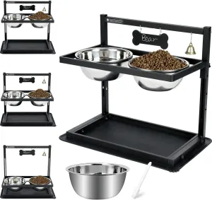 SHAINFUN Elevated/Raised Dog Bowls Stand Adjusable Height with Two 1.7L Stainless Steel Food Bowls and Spill Proof Mat, for Large and Medium Dogs.