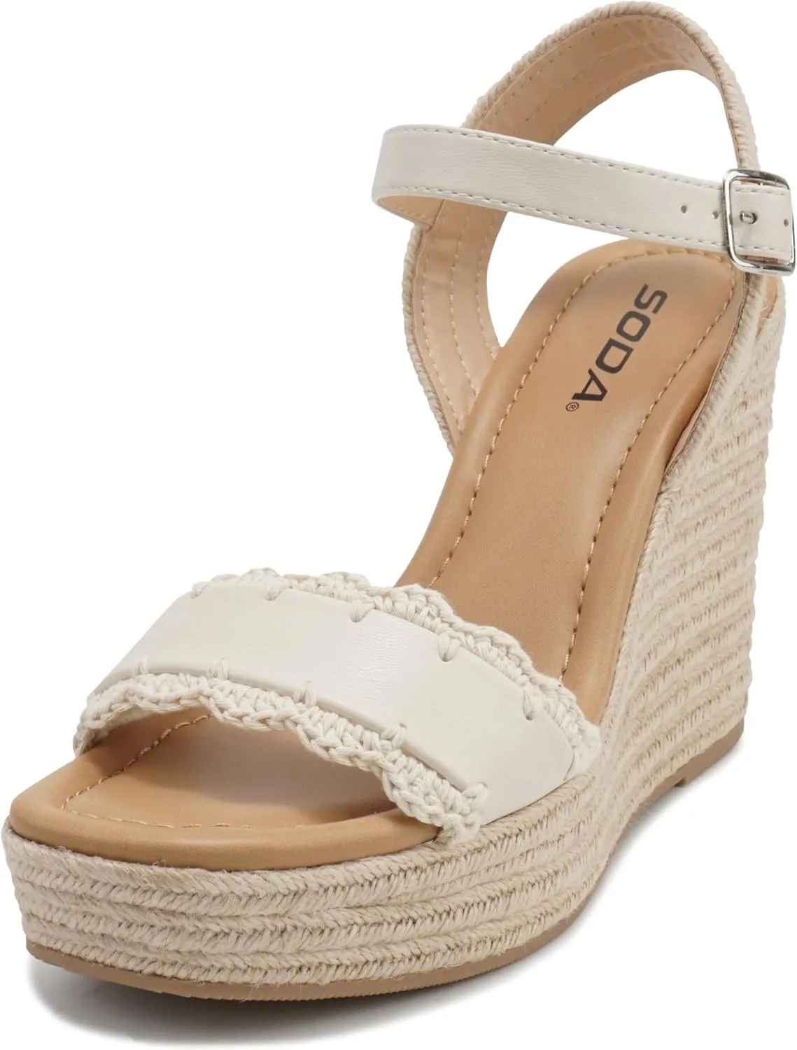 Soda “Virtual” ~ Women Square Toe Woven Single Band Espadrille Wedge Sandal with Adjustable Ankle Strap