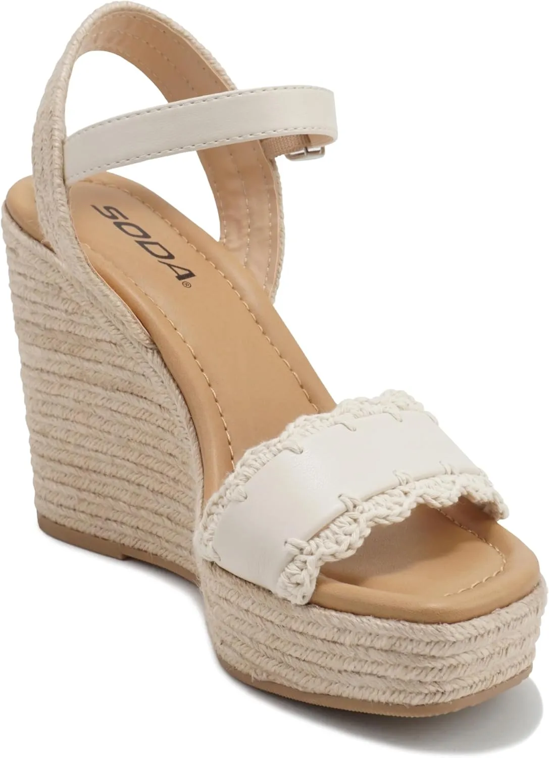 Soda “Virtual” ~ Women Square Toe Woven Single Band Espadrille Wedge Sandal with Adjustable Ankle Strap