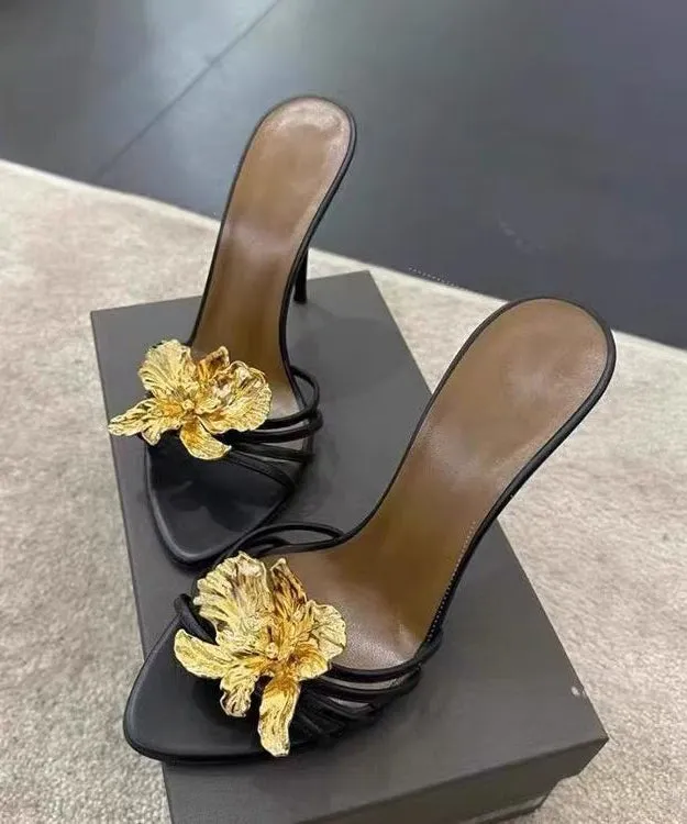 Splicing Floral Slide Sandals Faux Black Fashion Stiletto Leather