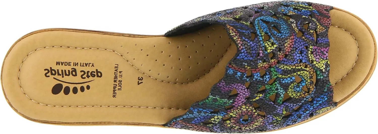 Spring Step Estella Women's Fashion Wedge Slide Sandals – Casual Leather Heel with Geometric Laser-Cut Detailing