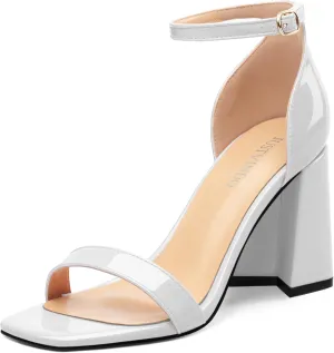 Square Open Toe Block High Heels for Women Ankle Strap Chunky Heeled Sandals Women's Summer Dress Sandal Shoes 3 Inch