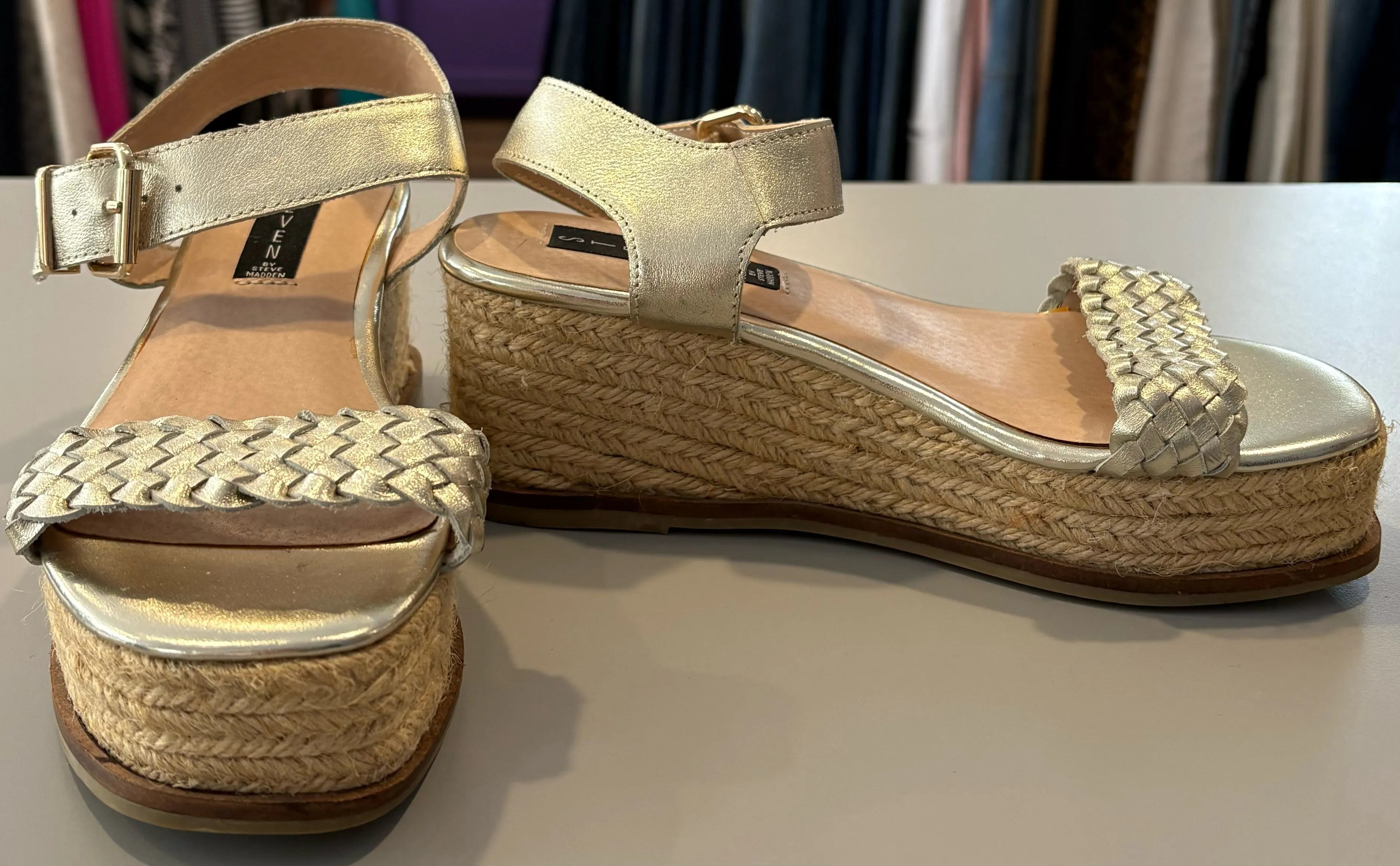 Steven by Steve Madden Sabble Gold Leather Espadrille Wedges Size: 8.5B