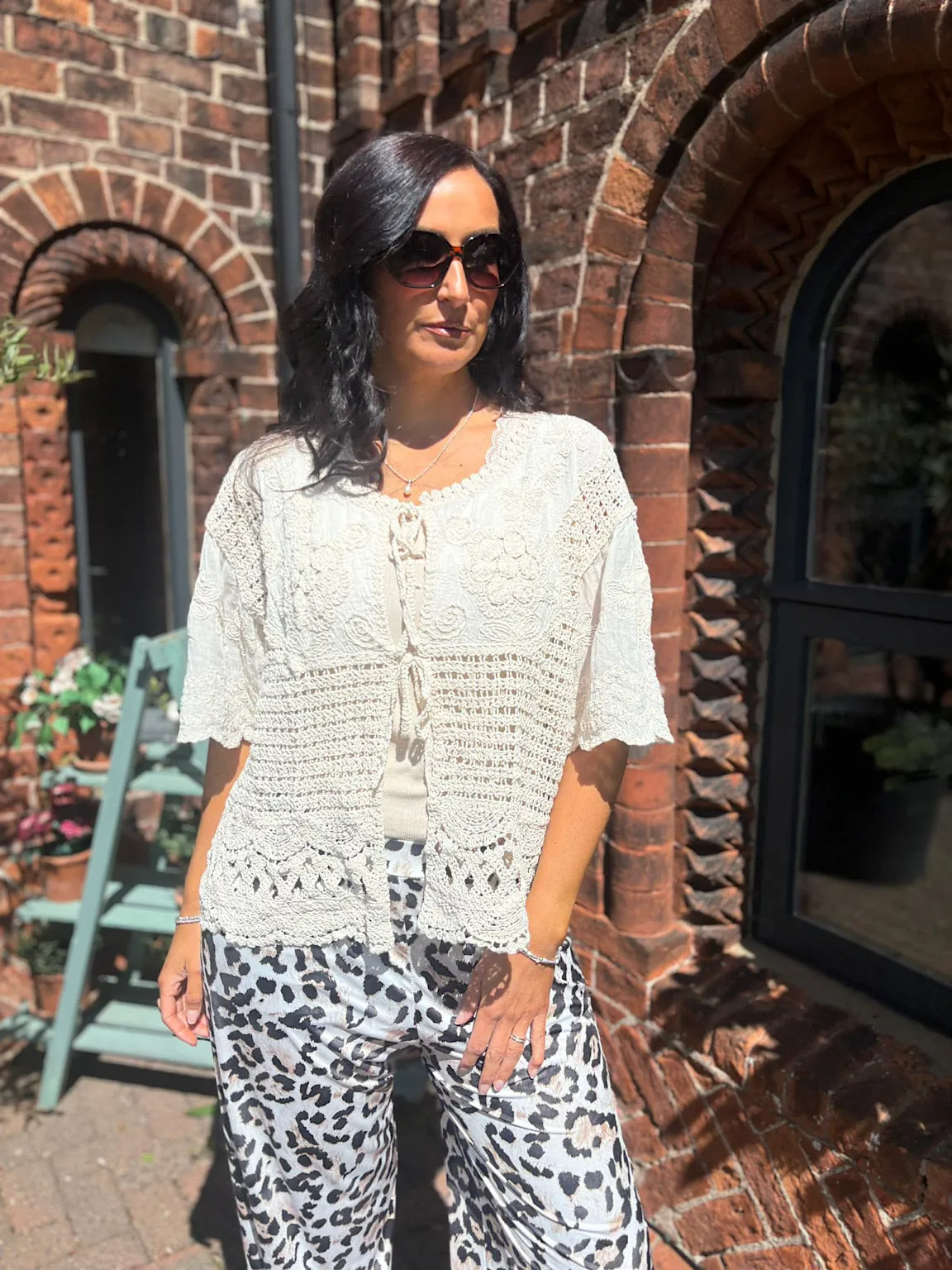 Stone Crochet Tie Front Cardi Tina