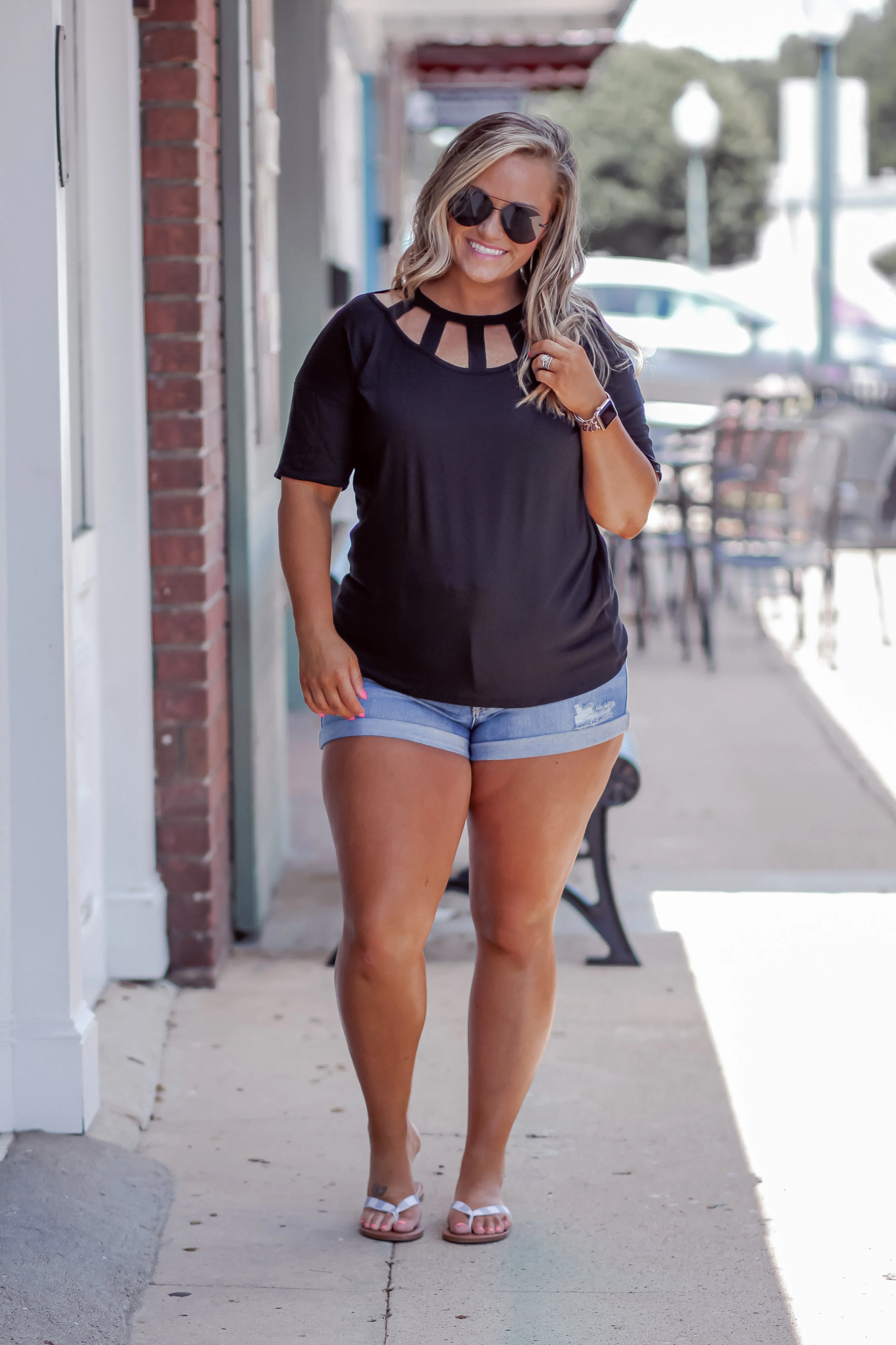 STOREFRONT Black Strappy Neck Short Sleeve Top