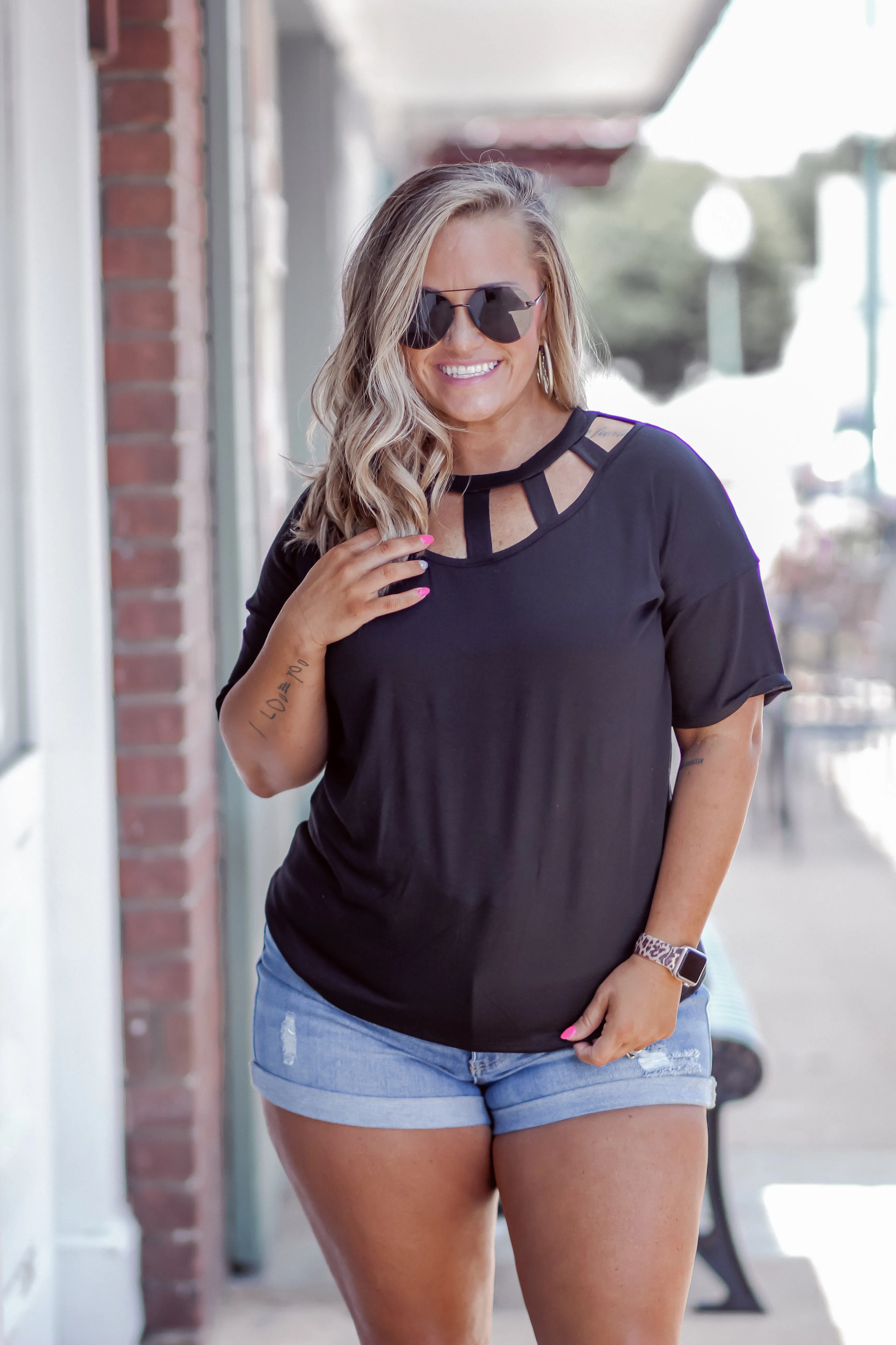 STOREFRONT Black Strappy Neck Short Sleeve Top